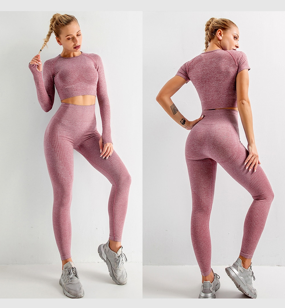 Top leggings de manga longa sem costura, roupa de treino de yoga feminina para academia top de cintura alta e calça legging para esportes