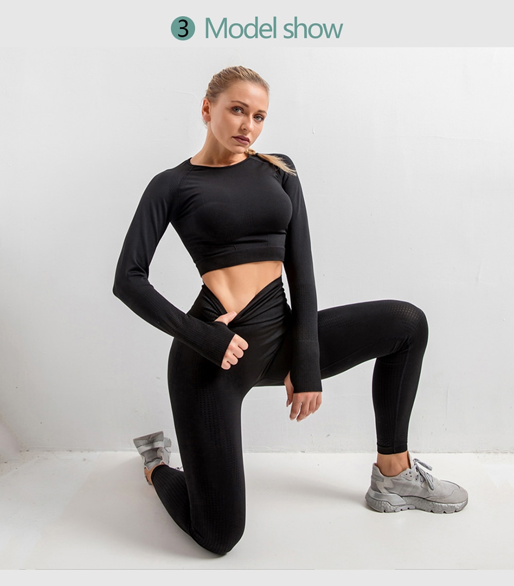 Top leggings de manga longa sem costura, roupa de treino de yoga feminina para academia top de cintura alta e calça legging para esportes