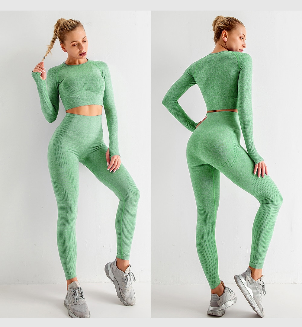 Top leggings de manga longa sem costura, roupa de treino de yoga feminina para academia top de cintura alta e calça legging para esportes