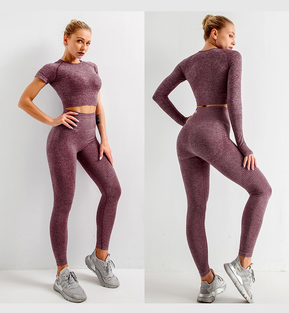 Top leggings de manga longa sem costura, roupa de treino de yoga feminina para academia top de cintura alta e calça legging para esportes