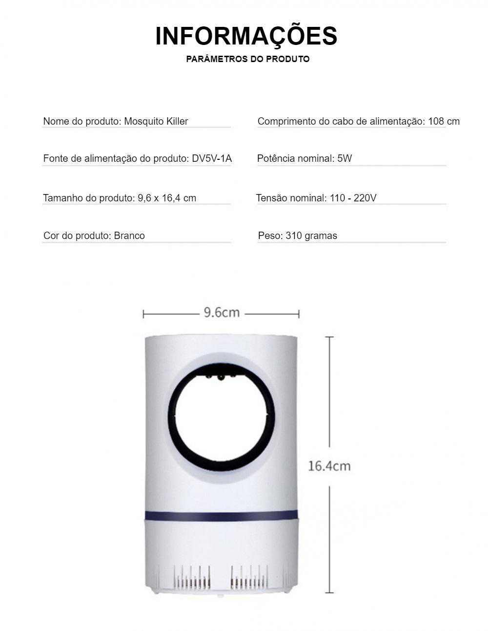 Armadilha Elétrica Portátil - Mata Mosquito - USB